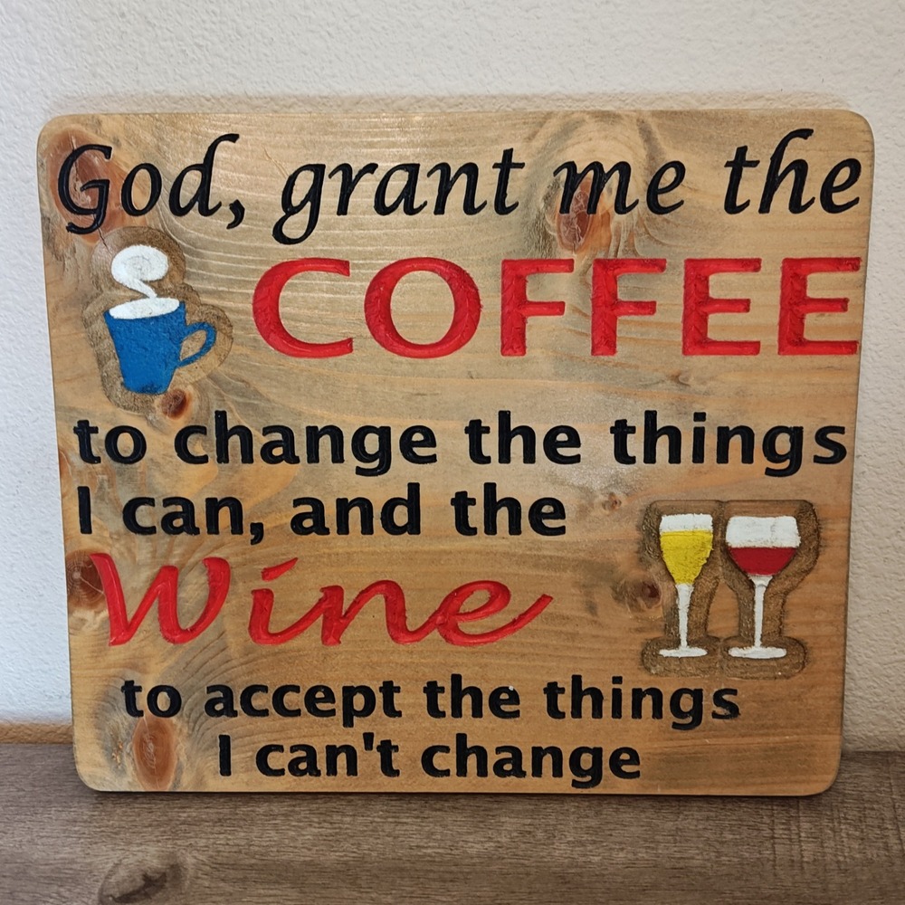 Handmade Wood Wall Sign 12X11 Large‎ Brown Coffee Wine Serenity Prayer Carved